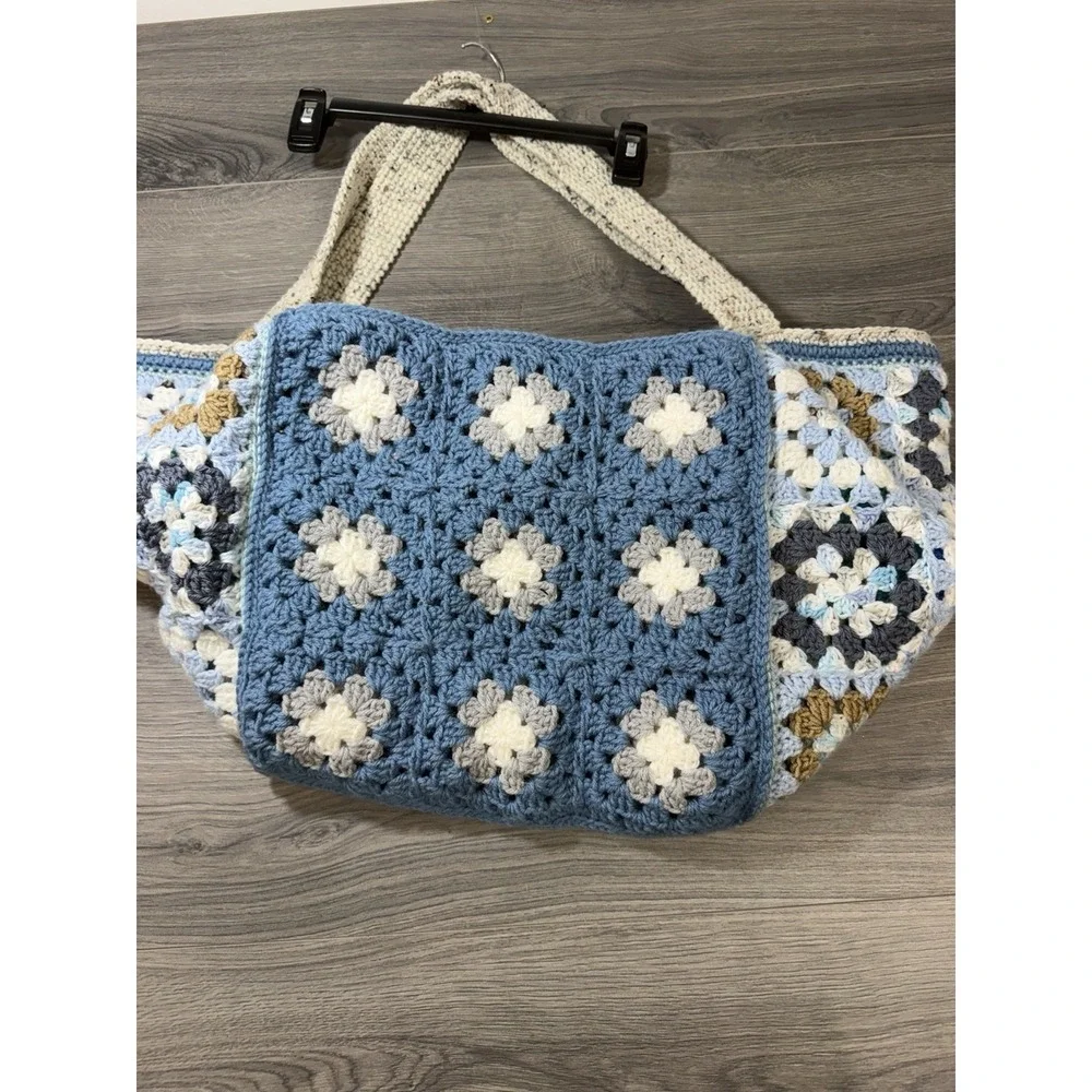 Handmade Crochet Granny Square Large Reversible Tote Bag Boho Hippie Blue Brown
